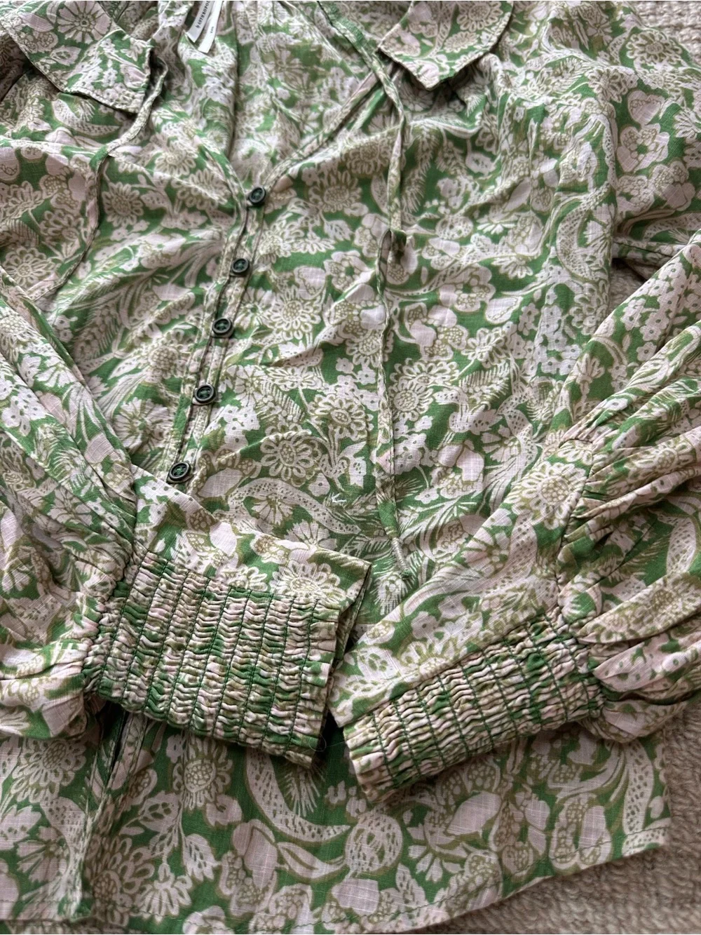 Anthropologie Green & Beige Floral Long Puff Sleeve Ruffle Blouse Sz XXS